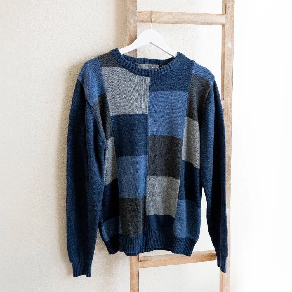 Oscar De La Renta Sweater Men's Sz M Blue Gray Colorblock Cotton LS Crew Neck